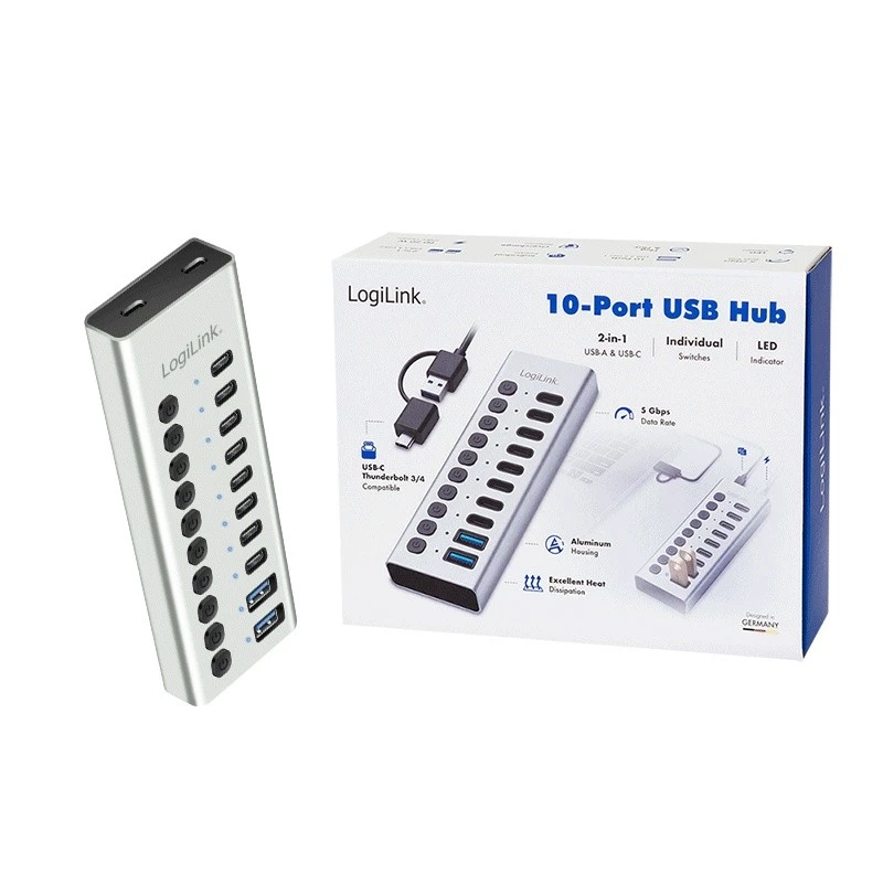 Hub USB3.2 Gen1 10 portas USB-A/C, interruptor on/off