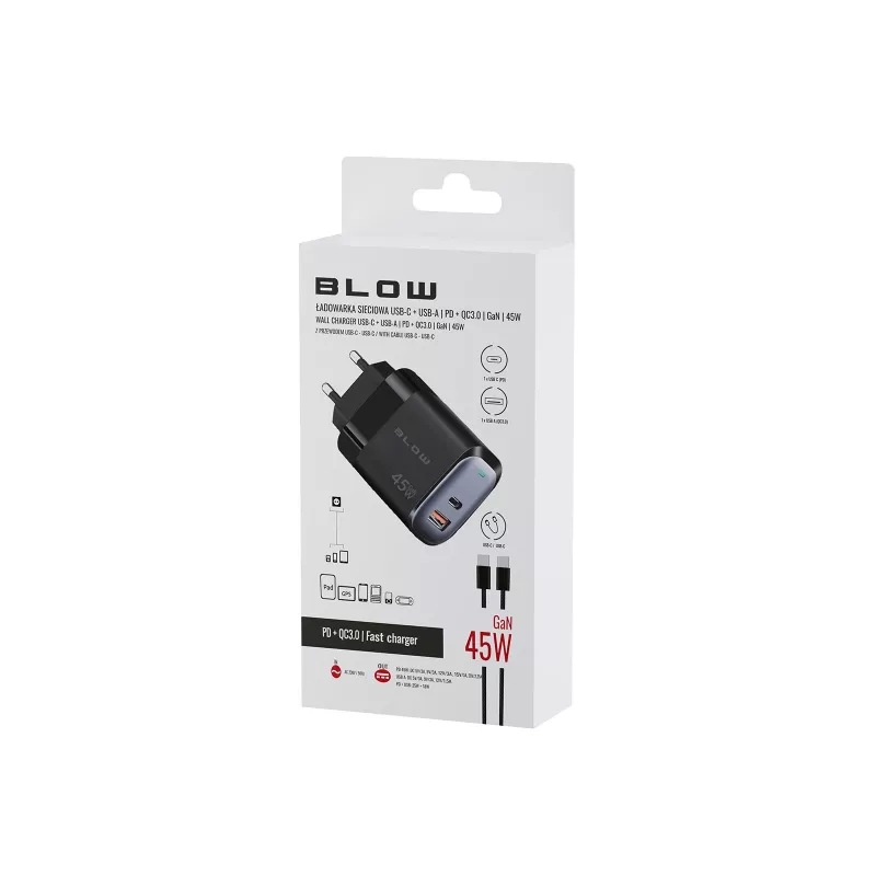 Carregador de parede USB-A USB-C PD 45W + cabo