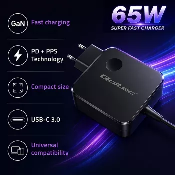 Carregador GaN 65W USB C PD PPS 5V 21V 3A 3.25A