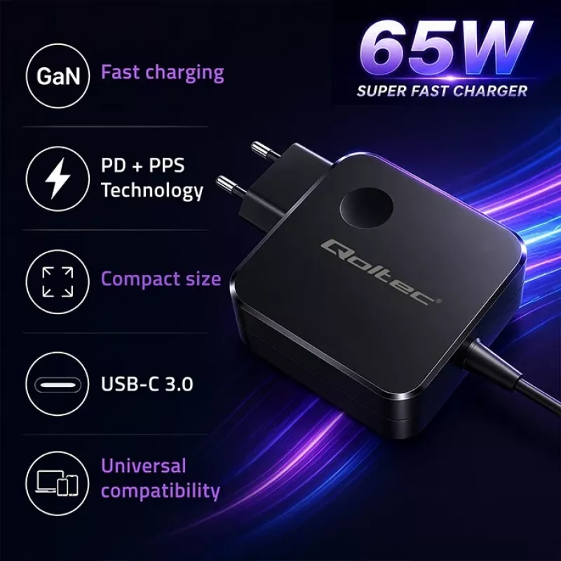 Carregador GaN 65W USB C PD PPS 5V 21V 3A 3.25A