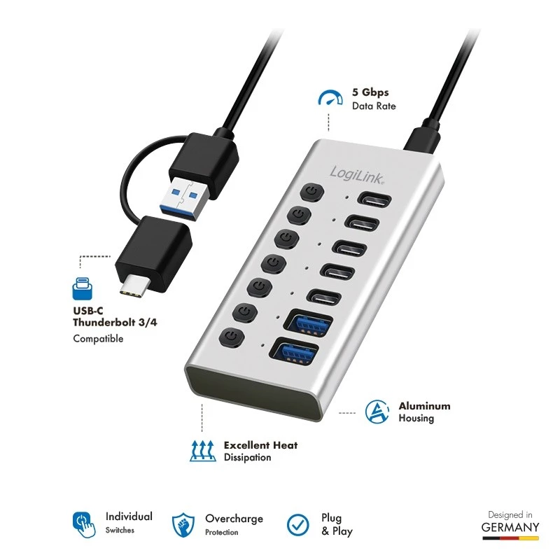 Hub USB 3.2 Gen1 7 portas USB-A/C, interruptor on/off