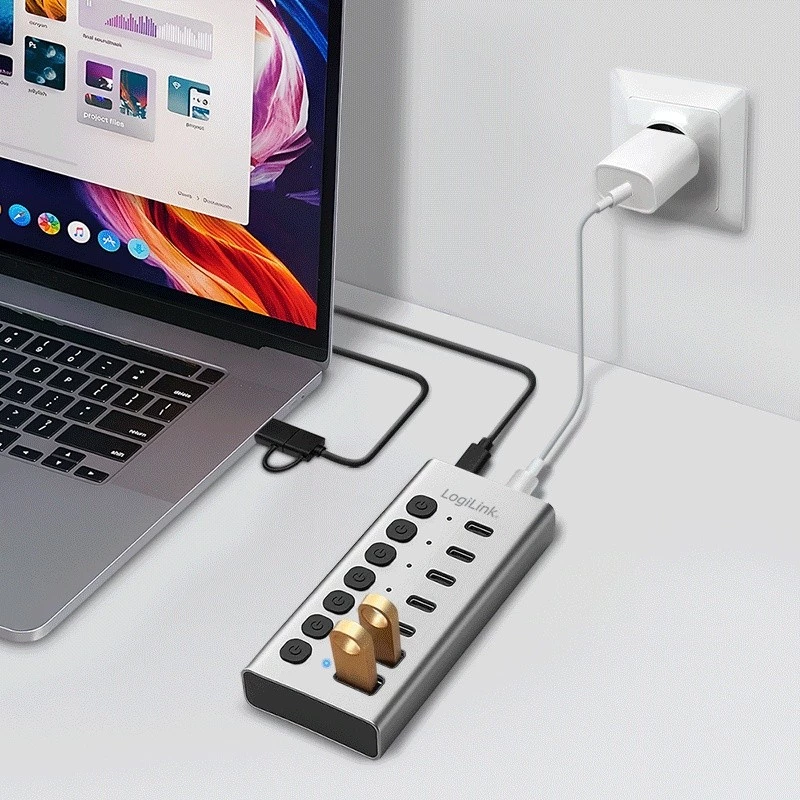 Hub USB 3.2 Gen1 7 portas USB-A/C, interruptor on/off