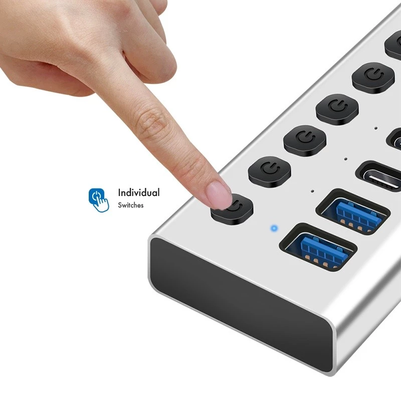 Hub USB 3.2 Gen1 7 portas USB-A/C, interruptor on/off