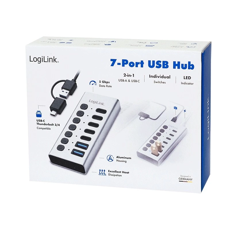 Hub USB 3.2 Gen1 7 portas USB-A/C, interruptor on/off