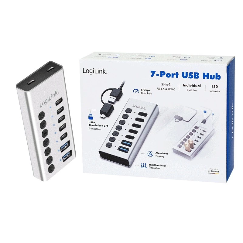 Hub USB 3.2 Gen1 7 portas USB-A/C, interruptor on/off