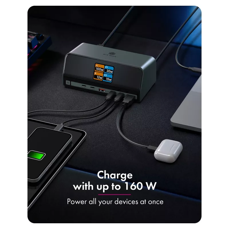 DockingStation 11 em 1 com portas de carregamento Power Delivery e grande ecrã LCD, com adaptador de carregamento GaN 160 W