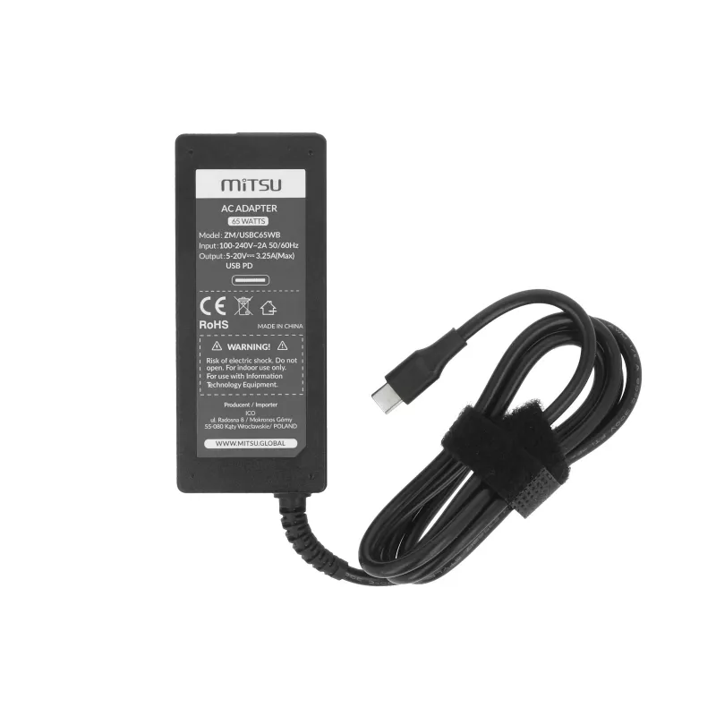 Fonte de alimentação para portátil 65W USB-C 5V-9V-12V-15V-20V/3A, 20V/3,25A PD