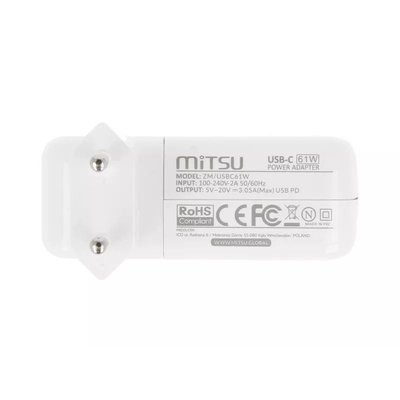 Fonte de alimentação para portátil 61W USB-C 5V-9V-12V-15V-20V-20,3V/3A PD