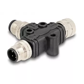 Splitter em T M12 A-codificado 4 polos 1 x conector macho para 1 x conector macho e 1 x conector fêmea ligação em paralelo