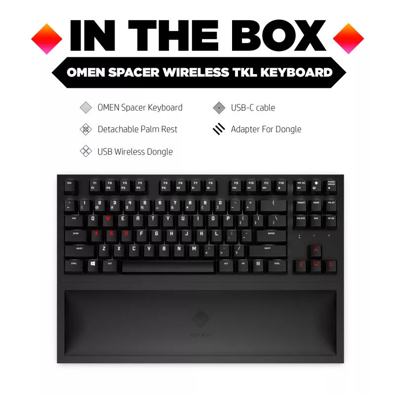 HP OMEN Spacer Teclado sem fios TKL, tamanho completo (100 %), sem fios, RF Wireless, mecânico, Preto