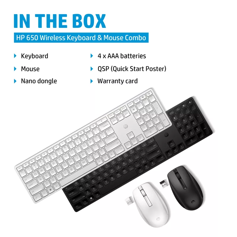 HP 650 Conjunto de teclado e rato sem fios, tamanho completo (100%), sem fios, RF sem fios, membrana, preto, rato incluído