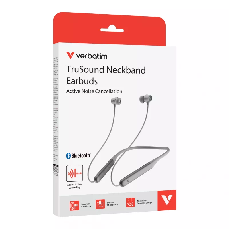 Verbatim TruSound ANC Auscultadores de pescoço cinzento, sem fios, 20 - 20000 Hz, música/dia a dia, 46,5 g, headset, cinzento