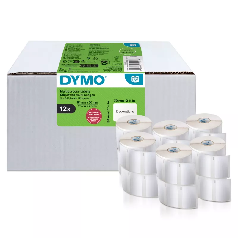 DYMO Authentic LabelWriter etiquetas multiusos | 54 mm x 70 mm | autoadesivas | 12 rolos com 320 etiquetas Easy-Peel (3.840 unidades) | para impressoras de etiquetas LabelWriter | fabricado na Europa