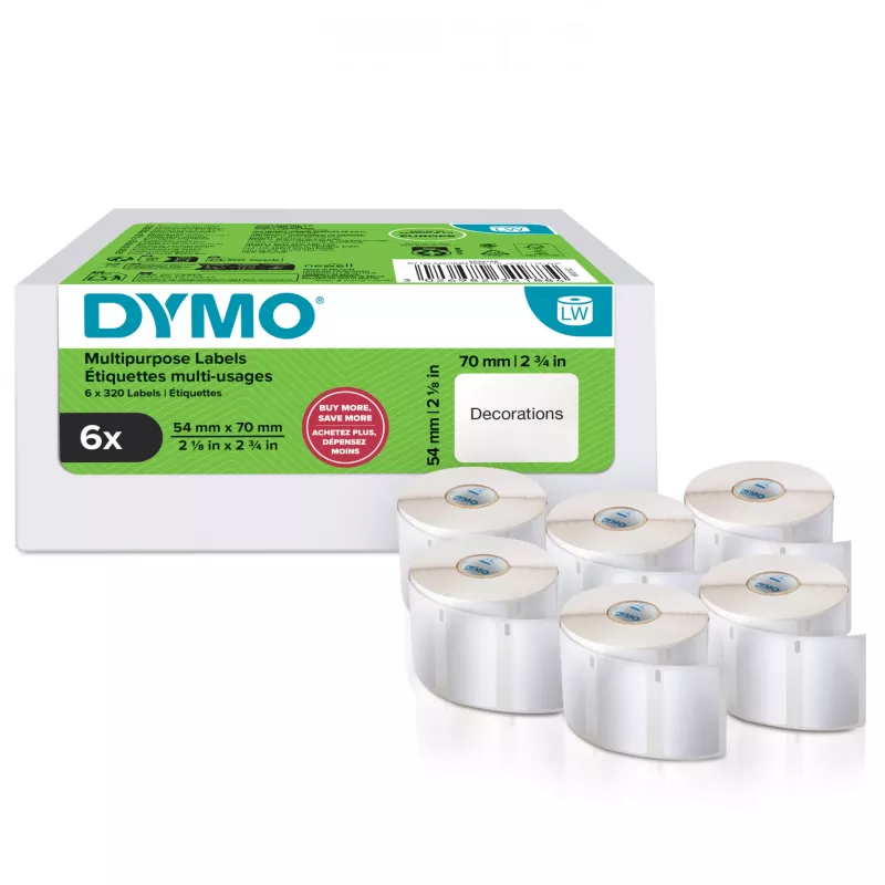 DYMO Original LabelWriter etiquetas multiusos | 54 mm x 70 mm | autoadesivas | 6 rolos com 320 etiquetas fáceis de destacar cada (1.920 unidades) | para impressoras de etiquetas LabelWriter | fabricado na Europa