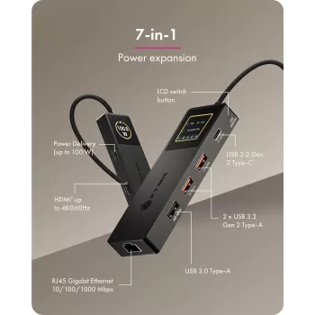 ICY BOX Spade Dock 4038, estação de acoplamento 7-em-1 com ecrã LCD e PD 100 W