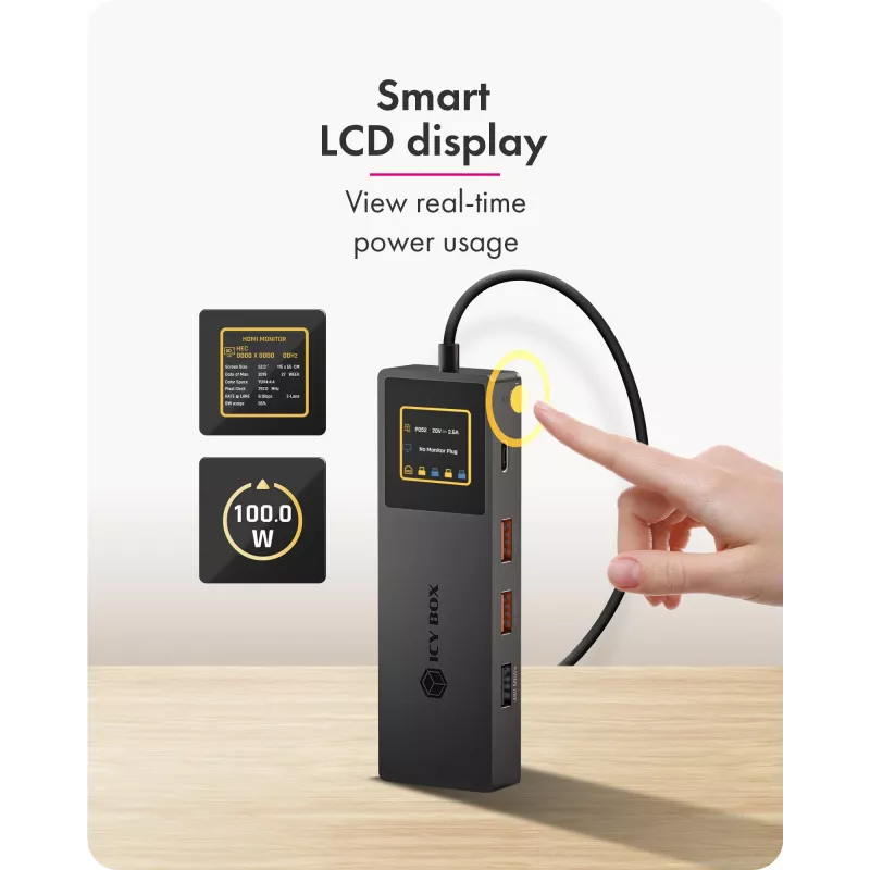 ICY BOX Spade Dock 4038, estação de acoplamento 7-em-1 com ecrã LCD e PD 100 W