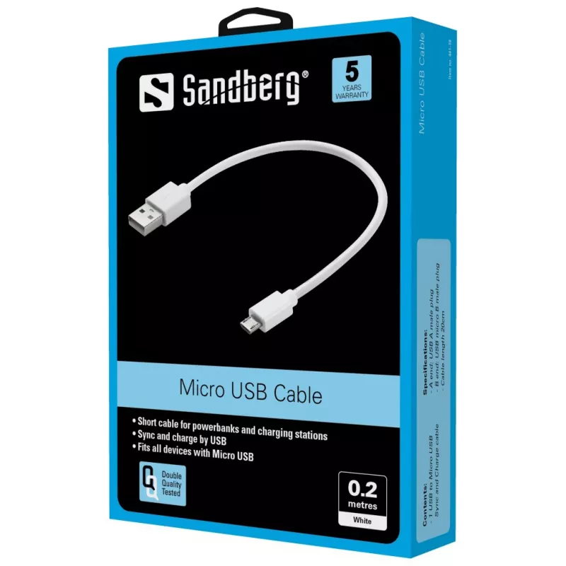 Sandberg cabo MicroUSB de sincronização/carregamento 0,2 m, 0,2 m, USB A, Micro-USB B, USB 2.0, branco