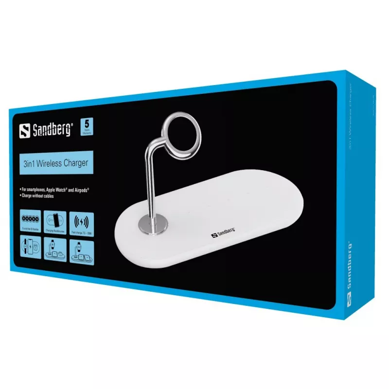 Sandberg carregador sem fios 3em1, interior, USB, carregamento sem fios, 0,8 m, prateado, branco