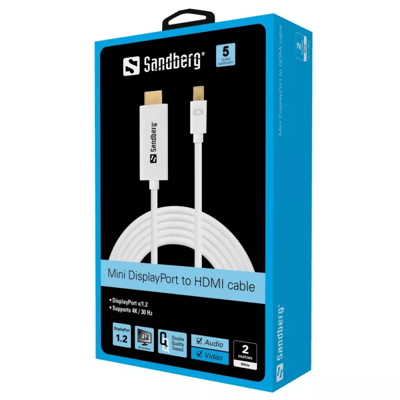 Sandberg MiniDP 1.2 > HDMI 4K 2m, 2 m, Mini DisplayPort, HDMI, macho, macho, branco