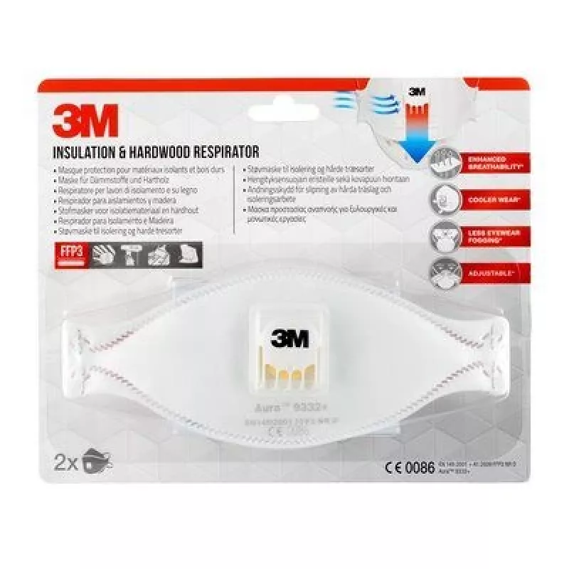 3M Aura Comfort Cool Flow 9332+ FFP3 NR D Máscaras respiratórias descartáveis, 2 unidades (9332C2)
