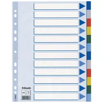 Esselte separador PP A4 12 separadores, separador com aba lisa, policloreto de vinilo (PVC), multicolor, A4, 2, 4, 6, 225 mm