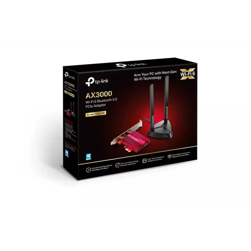 TP-Link AX3000 Wi-Fi 6 Bluetooth 5.0 Adaptador PCIe, Interno, Sem fios, PCI Express, WLAN / Bluetooth, 2402 Mbit/s, Preto, Vermelho