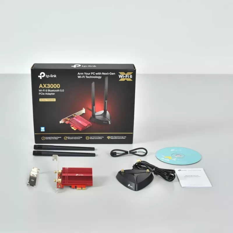 TP-Link AX3000 Wi-Fi 6 Bluetooth 5.0 Adaptador PCIe, Interno, Sem fios, PCI Express, WLAN / Bluetooth, 2402 Mbit/s, Preto, Vermelho
