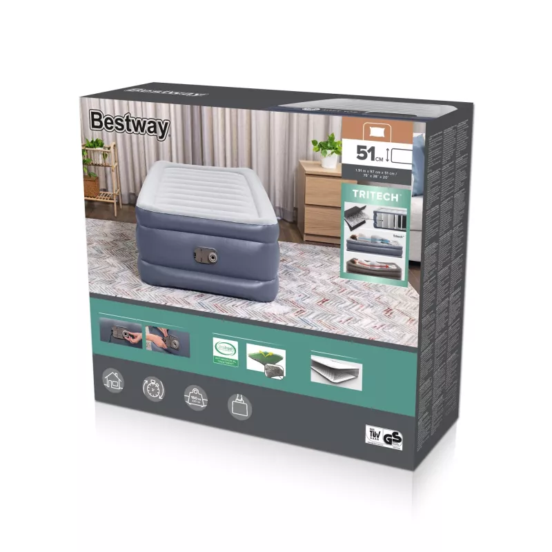 Bestway Tritech Colchão de ar Twin com bomba AC integrada e revestimento antimicrobiano 1,91 m x 97 cm x 51 cm