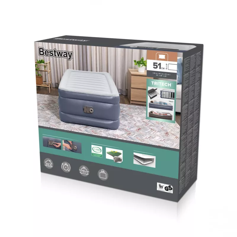 Bestway Tritech Colchão de ar Twin com bomba AC integrada e revestimento antimicrobiano 1,91 m x 97 cm x 51 cm