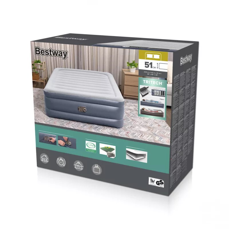 Bestway Tritech Colchão de ar Queen com bomba AC integrada e revestimento antimicrobiano 2,03 m x 1,52 m x 51 cm