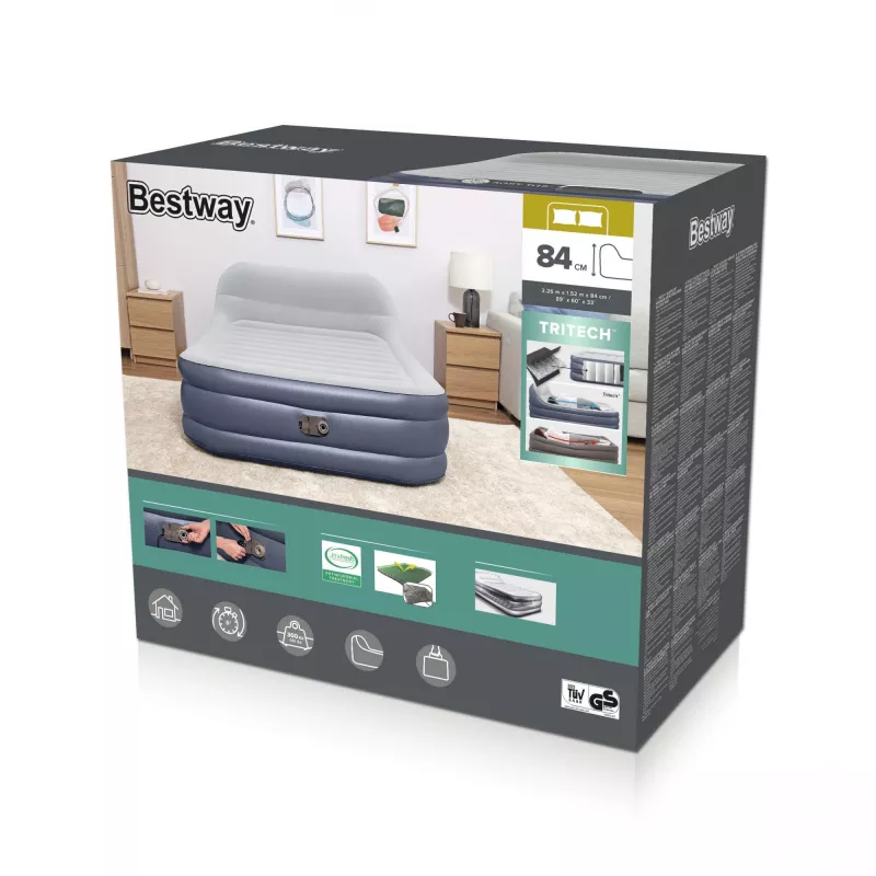 Bestway Tritech SleekFlow Colchão de ar com encosto Queen com bomba AC integrada e revestimento antimicrobiano 2,26 m x 1,52 m x 84 cm