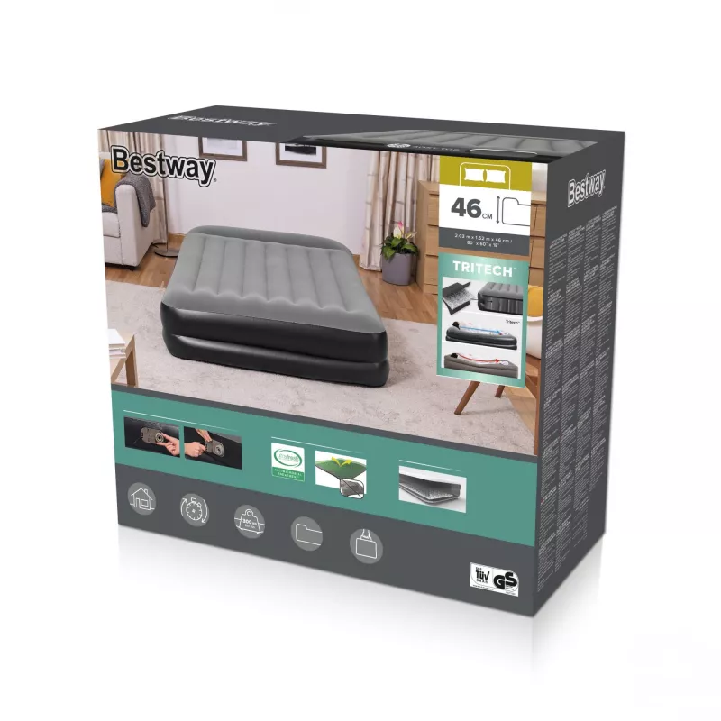 Bestway Tritech Colchão de ar Queen com bomba AC integrada e revestimento antimicrobiano 2,03 m x 1,52 m x 46 cm