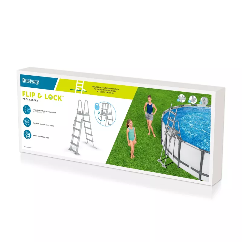 Bestway Flip & Lock Escada para piscina elevada 1,32 m, Escada, Cinzento, Metal, Plástico, 150 kg, 4 degraus, EN16582