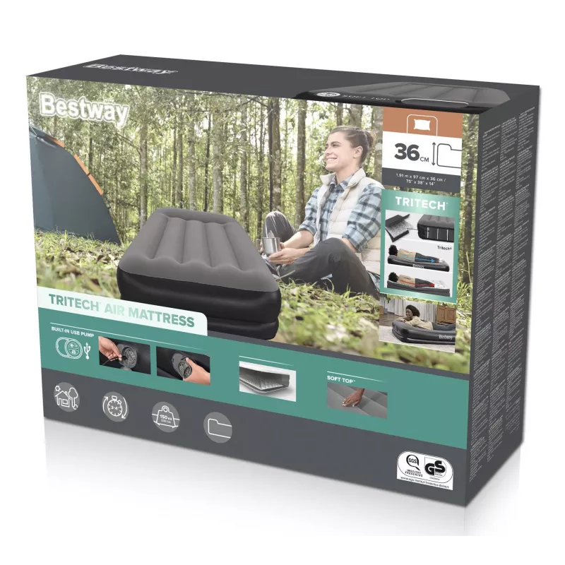 Bestway Tritech Colchão de ar Twin com bomba USB integrada 1,91 m x 97 cm x 36 cm