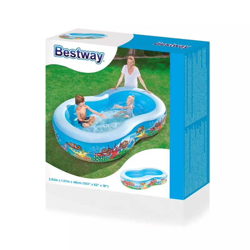 Bestway Piscina de brincar familiar insuflável 2,62 m x 1,57 m x 46 cm, Piscina insuflável, 544 L, Retangular, Vinil, Multicolor