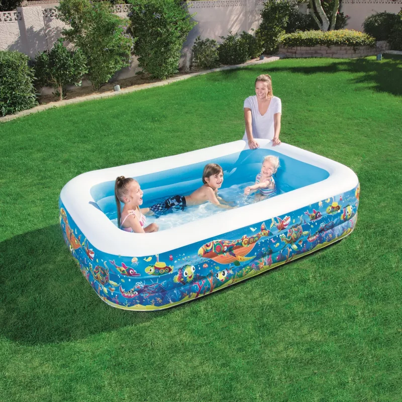 Bestway Piscina de brincar familiar insuflável 2,29 m x 1,52 m x 56 cm, Piscina insuflável, 702 L, Retangular, 6 anos, Vinil, Multicolor