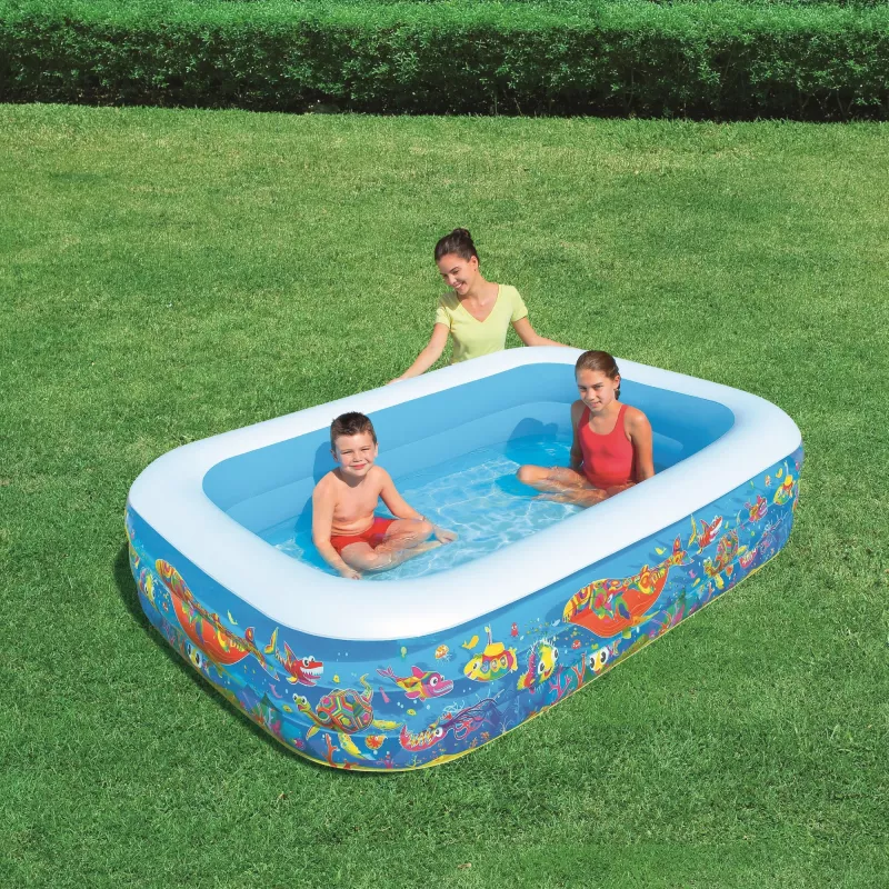 Bestway Piscina de brincar familiar insuflável 2,29 m x 1,52 m x 56 cm, Piscina insuflável, 702 L, Retangular, 6 anos, Vinil, Multicolor