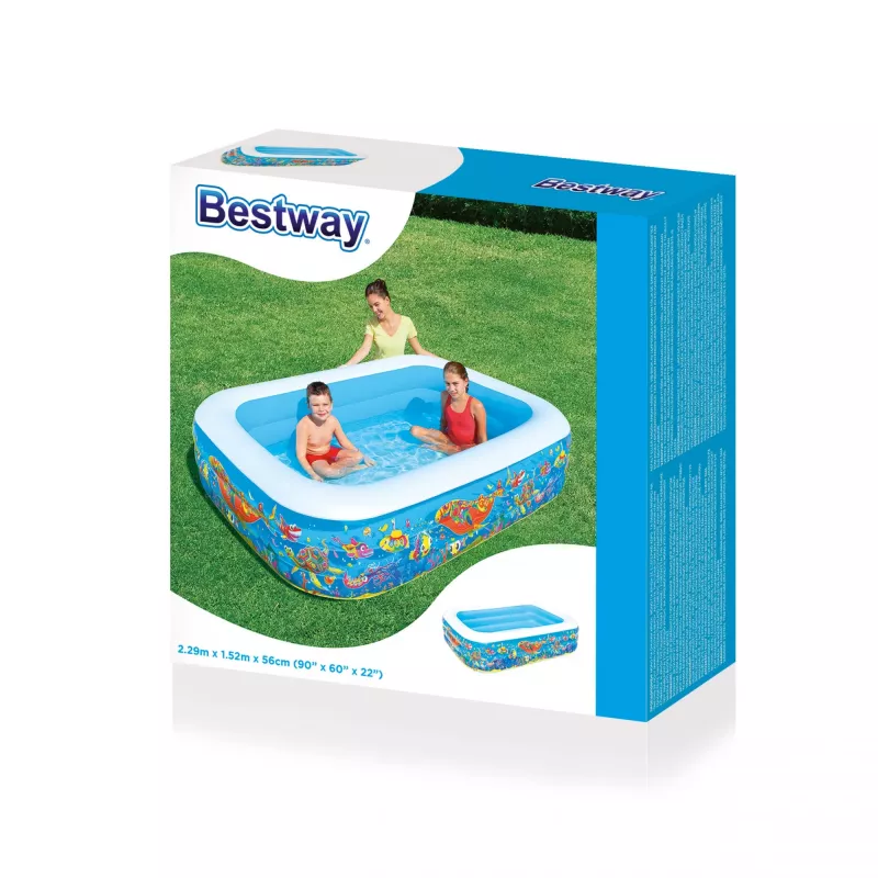 Bestway Piscina de brincar familiar insuflável 2,29 m x 1,52 m x 56 cm, Piscina insuflável, 702 L, Retangular, 6 anos, Vinil, Multicolor