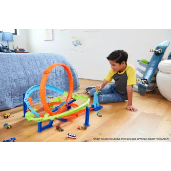 Hot Wheels Action Loop Cyclone Challenge Conjunto de pista com carro de brinquedo à escala 1:64, armazenamento fácil