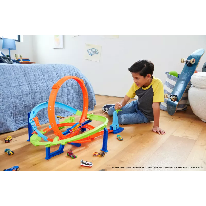 Hot Wheels Action Loop Cyclone Challenge Conjunto de pista com carro de brinquedo à escala 1:64, armazenamento fácil