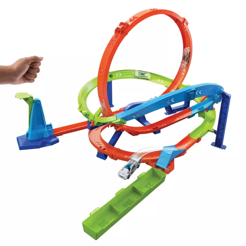 Hot Wheels Action Loop Cyclone Challenge Conjunto de pista com carro de brinquedo à escala 1:64, armazenamento fácil