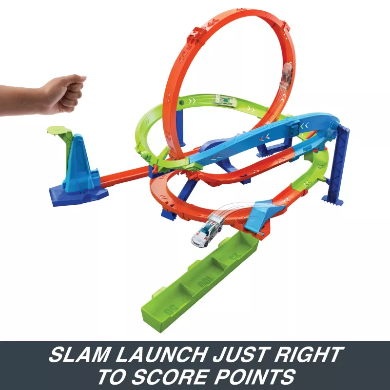 Hot Wheels Action Loop Cyclone Challenge Conjunto de pista com carro de brinquedo à escala 1:64, armazenamento fácil