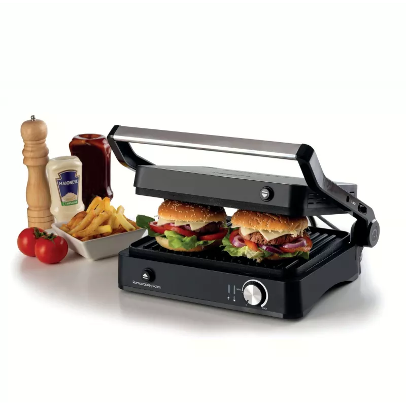 Ariete 1934 MetalGrill 3em1, grelhador elétrico para grelhar misto, 2000 W, 3 modos de cozedura, placas antiaderentes, prateado/preto