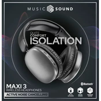 Music Sound MAXI3 MAXI3 Auscultadores over-ear sem fios com cancelamento ativo de ruído: experiência de audição imersiva e sem distrações, até 35 horas de autonomia. Design moderno, conforto, estilo e som potente e revolucionário.