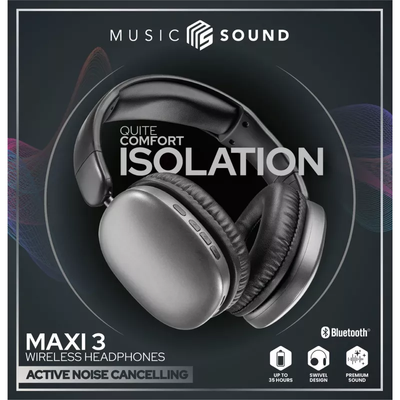 Music Sound MAXI3 MAXI3 Auscultadores over-ear sem fios com cancelamento ativo de ruído: experiência de audição imersiva e sem distrações, até 35 horas de autonomia. Design moderno, conforto, estilo e som potente e revolucionário.