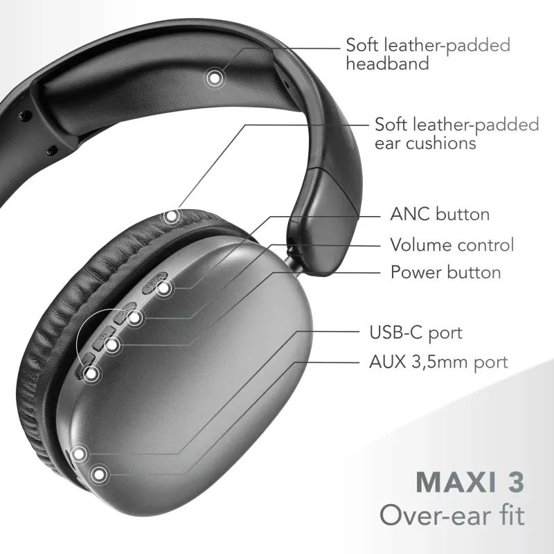 Music Sound MAXI3 MAXI3 Auscultadores over-ear sem fios com cancelamento ativo de ruído: experiência de audição imersiva e sem distrações, até 35 horas de autonomia. Design moderno, conforto, estilo e som potente e revolucionário.