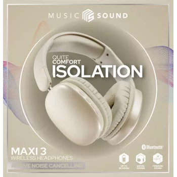 Music Sound MAXI3 MAXI3 Auscultadores over-ear sem fios com cancelamento ativo de ruído: experiência de audição imersiva e sem distrações, até 35 horas de autonomia. Design moderno, conforto, estilo e som potente e revolucionário.