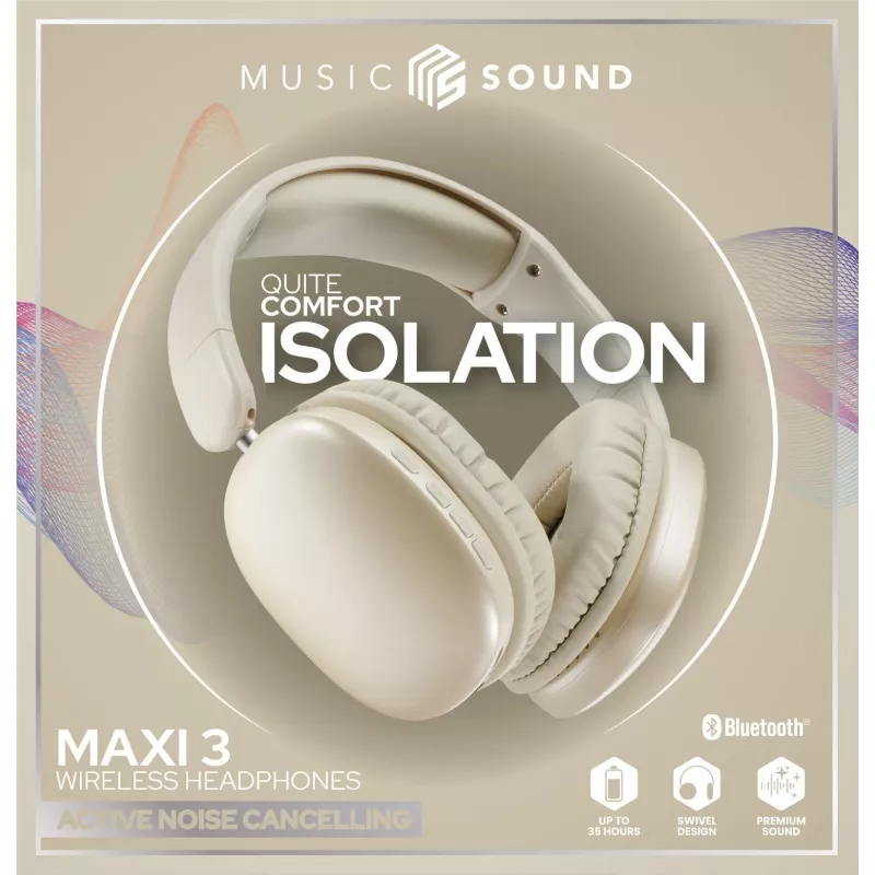 Music Sound MAXI3 MAXI3 Auscultadores over-ear sem fios com cancelamento ativo de ruído: experiência de audição imersiva e sem distrações, até 35 horas de autonomia. Design moderno, conforto, estilo e som potente e revolucionário.