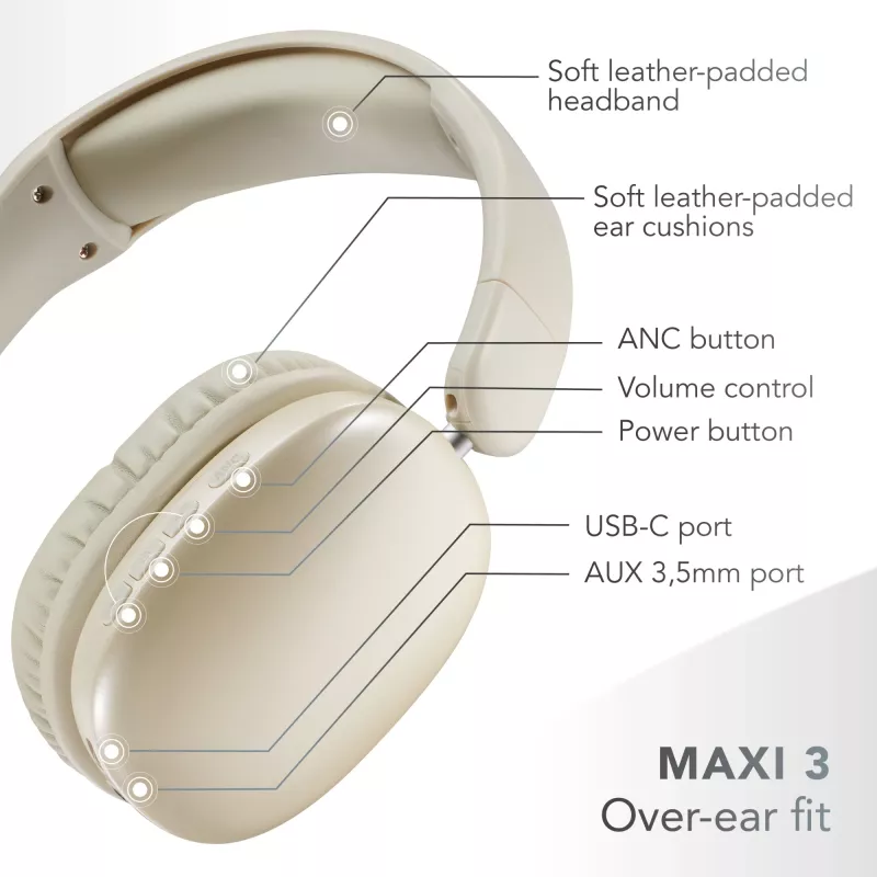 Music Sound MAXI3 MAXI3 Auscultadores over-ear sem fios com cancelamento ativo de ruído: experiência de audição imersiva e sem distrações, até 35 horas de autonomia. Design moderno, conforto, estilo e som potente e revolucionário.
