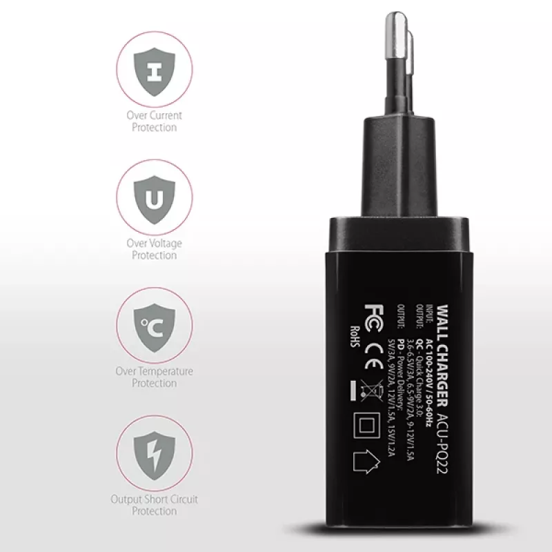 Carregador Axagon ACU-PQ22 para dispositivos móveis Telemóvel, power bank, smartphone, smartwatch, tablet, universal Preto AC carregamento rápido interior
